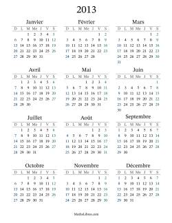 Calendrier de l'Année 2013 avec dimanche comme premier jour