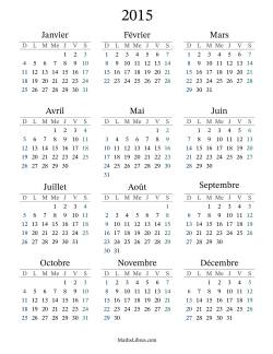 Calendrier de l'Année 2015 avec dimanche comme premier jour