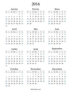 Calendrier de l'Année 2016 avec dimanche comme premier jour