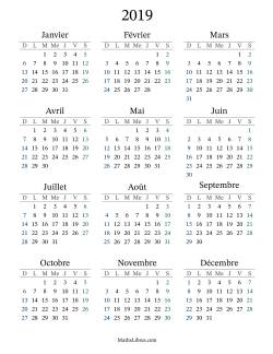 Calendrier de l'Année 2019 avec dimanche comme premier jour