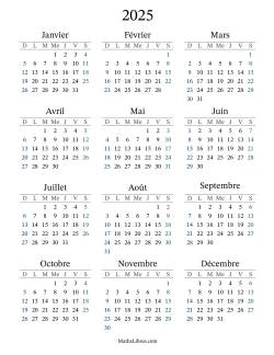 Calendrier de l'Année 2025 avec dimanche comme premier jour