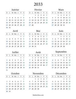 Calendrier de l'Année 2033 avec dimanche comme premier jour