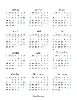 (Titre Remplissable) Calendrier Général Bissextile avec le janvier 1 tombant un Mardi (Format du lundi au dimanche)