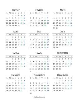 (Titre Remplissable) Calendrier Général Bissextile avec le janvier 1 tombant un Mercredi (Format du lundi au dimanche)