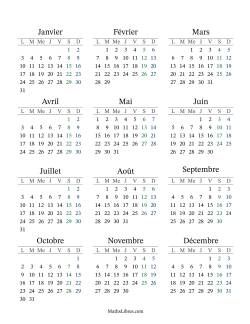 (Titre Remplissable) Calendrier Général Bissextile avec le janvier 1 tombant un Samedi (Format du lundi au dimanche)