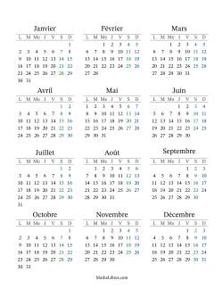 (Titre Remplissable) Calendrier Général Annuel avec le janvier 1 tombant un Dimanche (Format du lundi au dimanche)