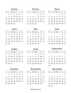 (Titre Remplissable) Calendrier Général Annuel avec le janvier 1 tombant un Lundi (Format du dimanche au samedi)