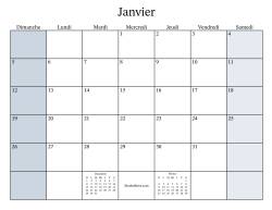 Calendrier remplissable mensuel général bissextile avec le 1er janvier tombant un Mercredi (Format du dimanche au samedi)