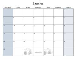 Calendrier remplissable mensuel général bissextile avec le 1er janvier tombant un Vendredi (Format du dimanche au samedi)