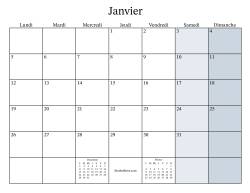 Calendrier remplissable mensuel général bissextile avec le 1er janvier tombant un Jeudi (Format du lundi au dimanche)