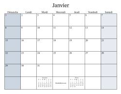 Calendrier remplissable mensuel général avec le 1er janvier tombant un Dimanche (Format du dimanche au samedi)