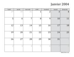 Calendrier Mensuel 2004 début de la semaine le lundi