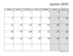 Calendrier Mensuel 2010 début de la semaine le lundi