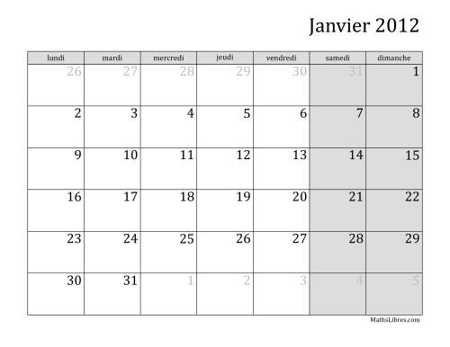 Calendrier Mensuel 2012 début de la semaine le lundi
