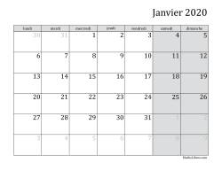 Calendrier Mensuel 2020 début de la semaine le lundi