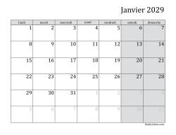 Calendrier Mensuel 2029 début de la semaine le lundi