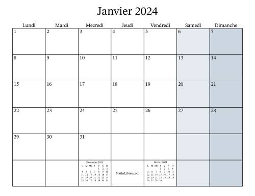 Calendrier Mensuel Remplissable de l'Année 2024 avec lundi comme premier jour