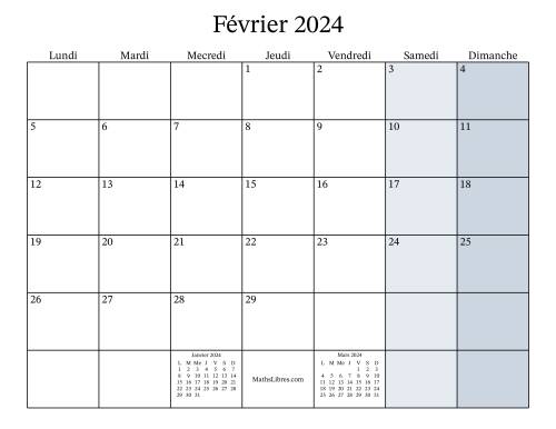 Calendrier Mensuel Remplissable de l'Année 2024 avec lundi comme premier  jour