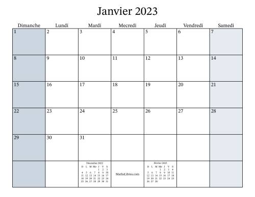 Calendrier Mensuel Remplissable de l'Année 2023 avec dimanche