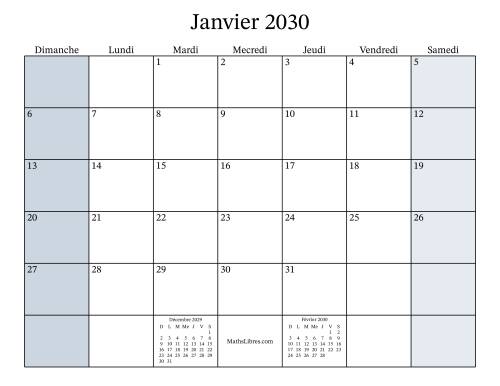 Calendrier Mensuel Remplissable de l'Année 2030 avec dimanche comme premier jour