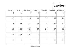 Calendriers Spécifiques Mensuels (Année Civile) Avec le 1er Janvier sur Lundi