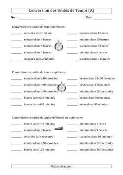 Conversion entre Secondes, Minutes et Heures (Une ou Deux Étapes vers le haut ou vers le bas)