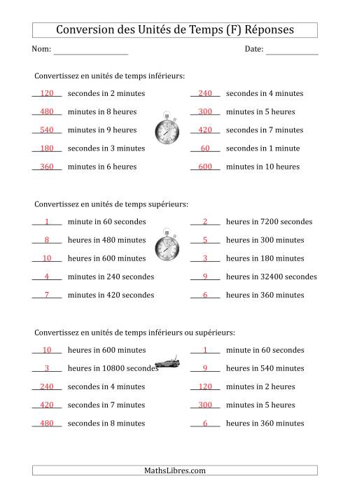 Conversion entre Secondes, Minutes et Heures (Une ou Deux Étapes vers le haut ou vers le bas) (F) page 2