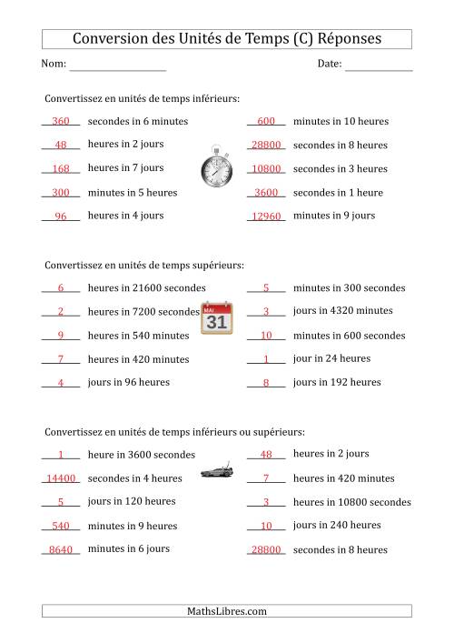 Conversion entre Secondes, Minutes, Heures et Jours (Une ou Deux Étapes Vers le Haut ou Vers le Bas) (C) page 2