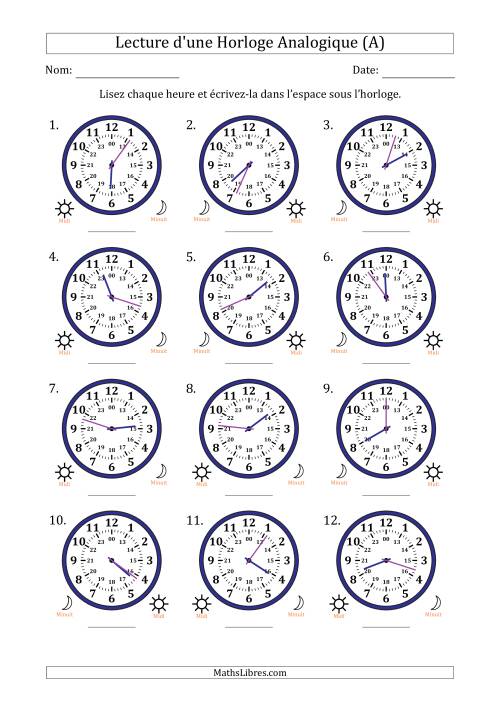 Lecture de l'Heure sur Une Horloge Analogique utilisant le système horaire sur 24 heures avec 1 Minutes d'Intervalle (12 Horloges) (A)