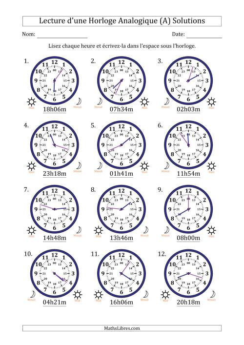 Lecture de l'Heure sur Une Horloge Analogique utilisant le système horaire sur 24 heures avec 1 Minutes d'Intervalle (12 Horloges) (A) page 2