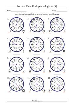 Lecture de l'Heure sur Une Horloge Analogique utilisant le système horaire sur 24 heures avec 5 Minutes d'Intervalle (12 Horloges)