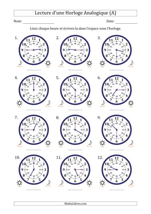 Lecture de l'Heure sur Une Horloge Analogique utilisant le système horaire sur 24 heures avec 15 Minutes d'Intervalle (12 Horloges) (A)