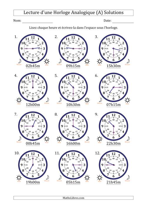 Lecture de l'Heure sur Une Horloge Analogique utilisant le système horaire sur 24 heures avec 15 Minutes d'Intervalle (12 Horloges) (A) page 2