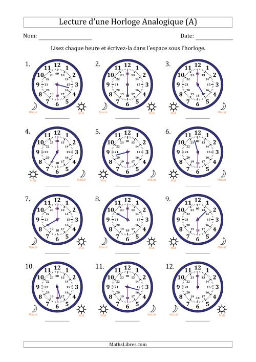 Lecture de l'Heure sur Une Horloge Analogique utilisant le système horaire sur 24 heures avec 30 Minutes d'Intervalle (12 Horloges) (A)