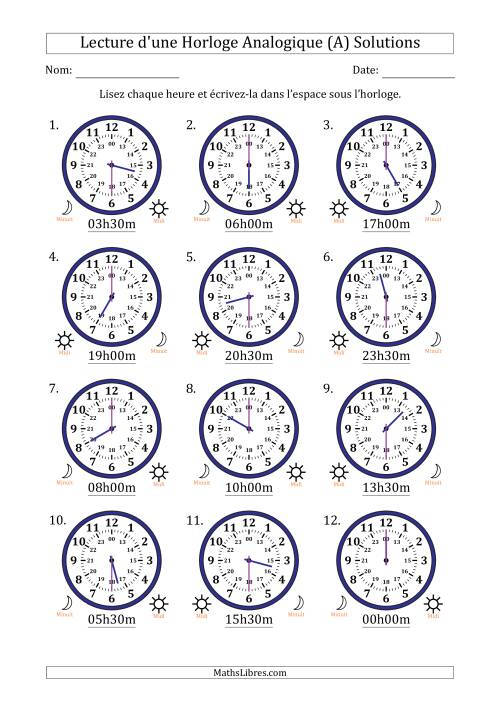 Lecture de l'Heure sur Une Horloge Analogique utilisant le système horaire sur 24 heures avec 30 Minutes d'Intervalle (12 Horloges) (A) page 2