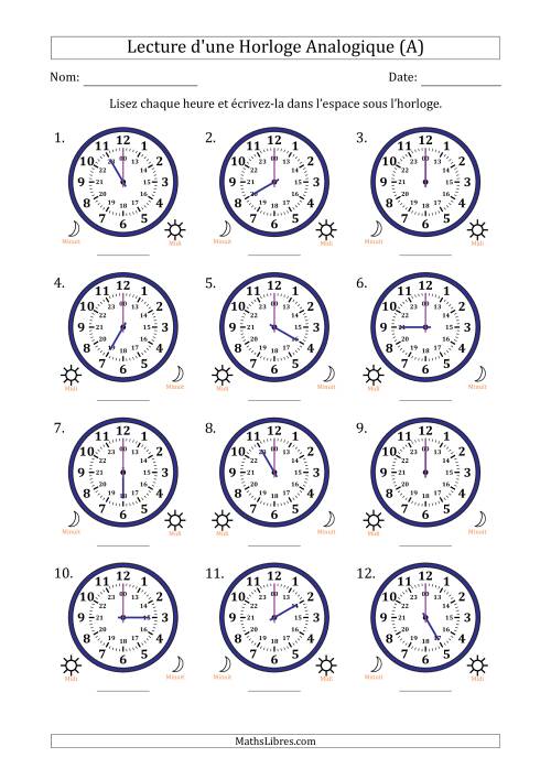 Lecture de l'Heure sur Une Horloge Analogique utilisant le système horaire sur 24 heures avec 1 Heures d'Intervalle (12 Horloges) (A)