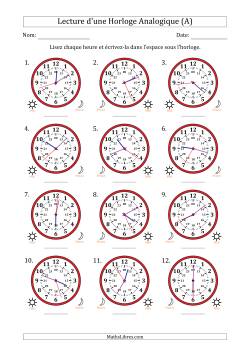 Lecture de l'Heure sur Une Horloge Analogique utilisant le système horaire sur 24 heures avec 1 Secondes d'Intervalle (12 Horloges)
