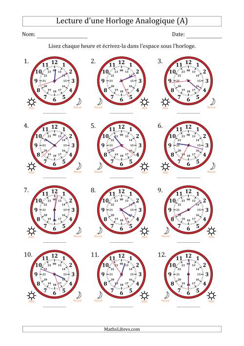 Lecture de l'Heure sur Une Horloge Analogique utilisant le système horaire sur 24 heures avec 1 Secondes d'Intervalle (12 Horloges) (A)