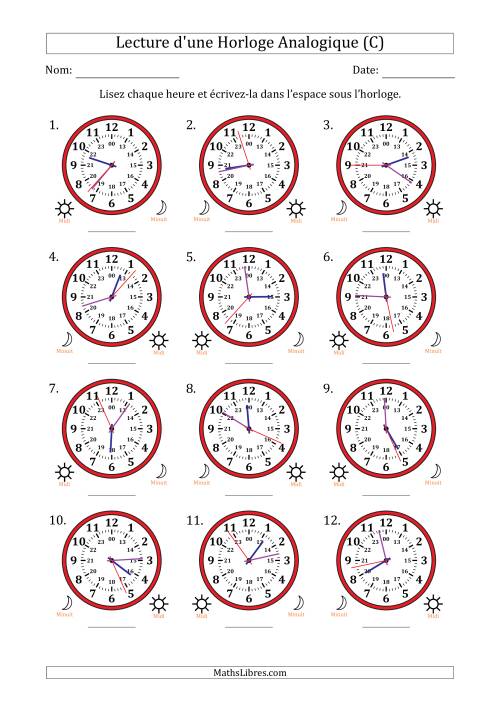 Lecture de l'Heure sur Une Horloge Analogique utilisant le système horaire sur 24 heures avec 1 Secondes d'Intervalle (12 Horloges) (C)