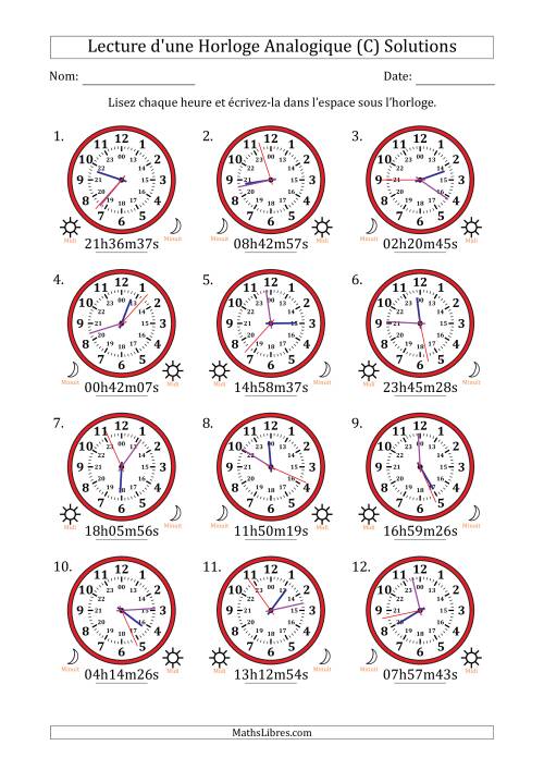 Lecture de l'Heure sur Une Horloge Analogique utilisant le système horaire sur 24 heures avec 1 Secondes d'Intervalle (12 Horloges) (C) page 2