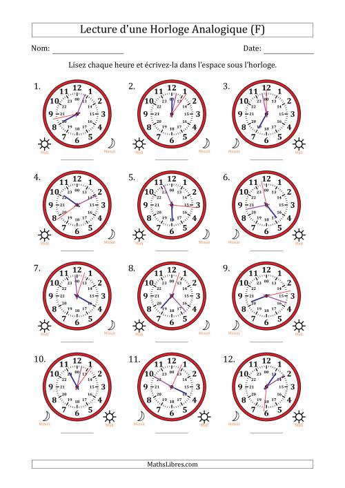 Lecture de l'Heure sur Une Horloge Analogique utilisant le système horaire sur 24 heures avec 1 Secondes d'Intervalle (12 Horloges) (F)