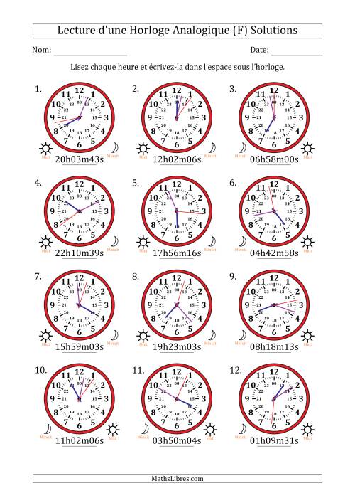 Lecture de l'Heure sur Une Horloge Analogique utilisant le système horaire sur 24 heures avec 1 Secondes d'Intervalle (12 Horloges) (F) page 2