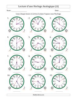 Lecture de l'Heure sur Une Horloge Analogique utilisant le système horaire sur 12 heures avec 1 Secondes d'Intervalle (12 Horloges)