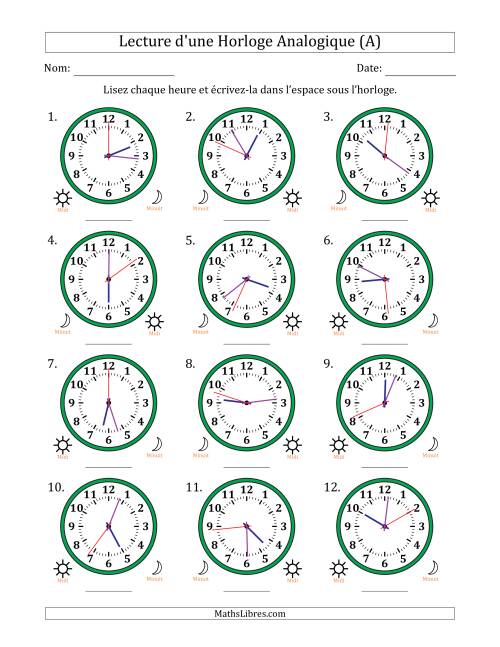 Lecture de l'Heure sur Une Horloge Analogique utilisant le système horaire sur 12 heures avec 1 Secondes d'Intervalle (12 Horloges) (A)
