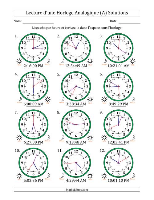 Lecture de l'Heure sur Une Horloge Analogique utilisant le système horaire sur 12 heures avec 1 Secondes d'Intervalle (12 Horloges) (A) page 2