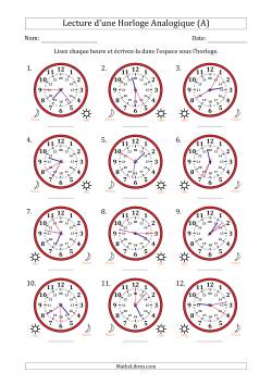 Lecture de l'Heure sur Une Horloge Analogique utilisant le système horaire sur 24 heures avec 5 Secondes d'Intervalle (12 Horloges)