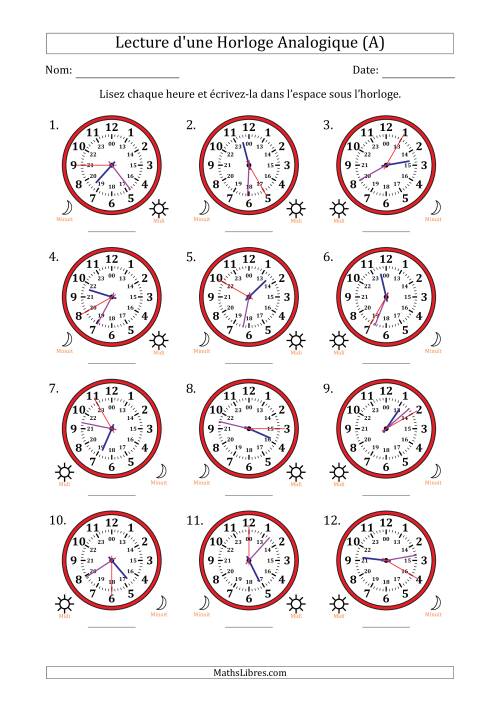 Lecture de l'Heure sur Une Horloge Analogique utilisant le système horaire sur 24 heures avec 5 Secondes d'Intervalle (12 Horloges) (A)
