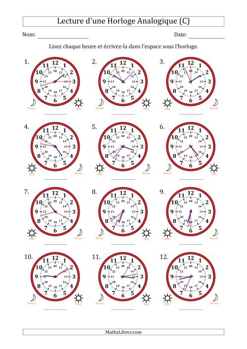 Lecture de l'Heure sur Une Horloge Analogique utilisant le système horaire sur 24 heures avec 5 Secondes d'Intervalle (12 Horloges) (C)