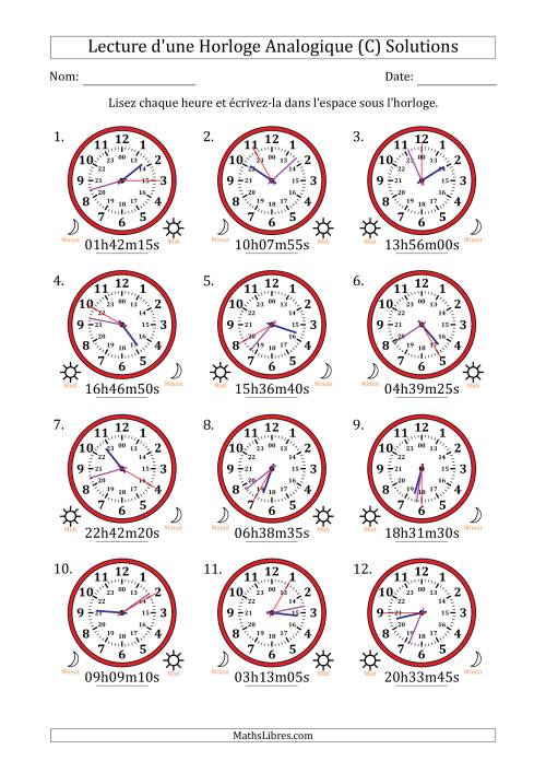 Lecture de l'Heure sur Une Horloge Analogique utilisant le système horaire sur 24 heures avec 5 Secondes d'Intervalle (12 Horloges) (C) page 2