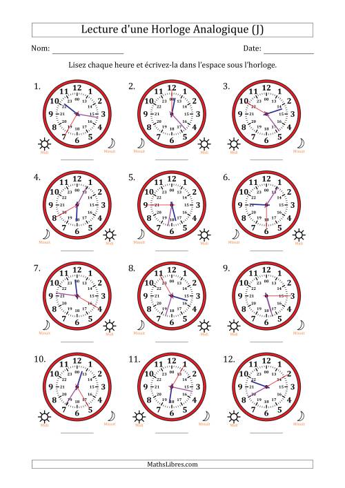 Lecture de l'Heure sur Une Horloge Analogique utilisant le système horaire sur 24 heures avec 5 Secondes d'Intervalle (12 Horloges) (J)